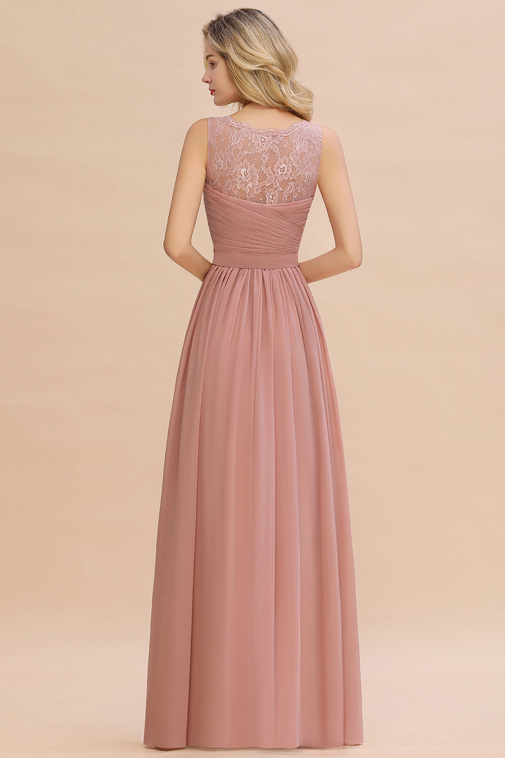 Long A line V-neck Ruffle Sleeveless Chiffon Bridesmaid Dress