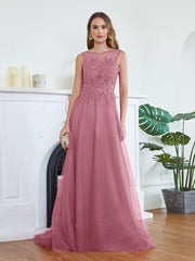 Long Sleeveless Round Neck Tulle A line Lace Appliques Bridesmaid Dress