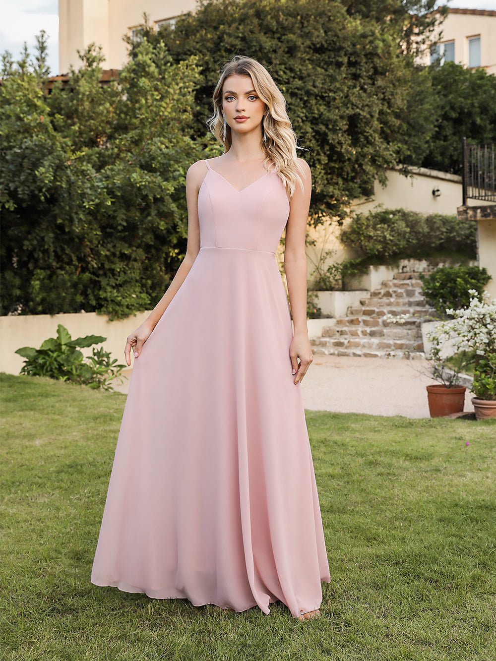 Long V-neck Backless Satin A-line Bridesmaid Dresses