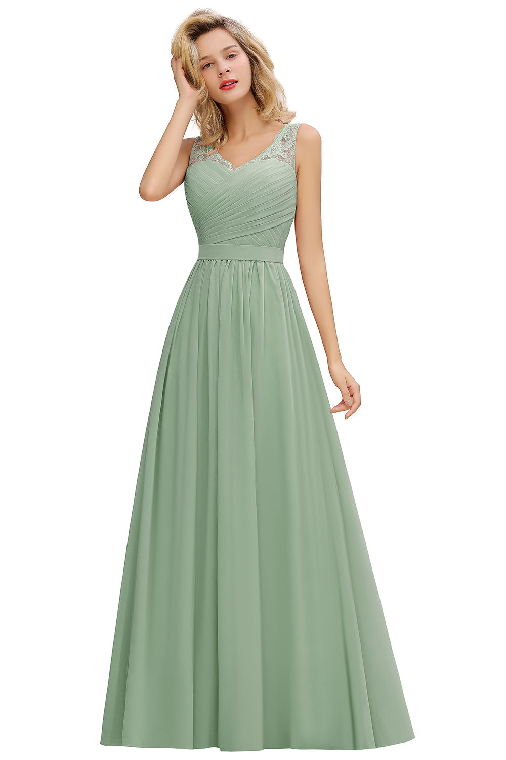 Long A line V-neck Ruffle Sleeveless Chiffon Bridesmaid Dress