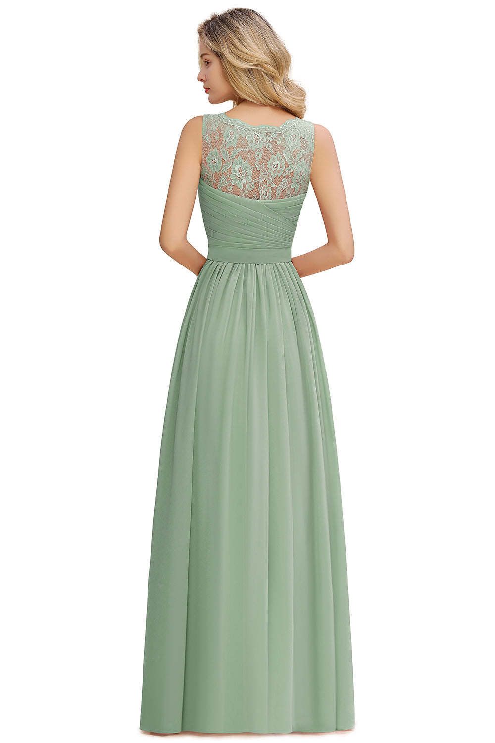 Long A line V-neck Ruffle Sleeveless Chiffon Bridesmaid Dress