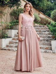 Long A Line V-Neck Sleeveless Tulle Lace Formal Dress with Appliques