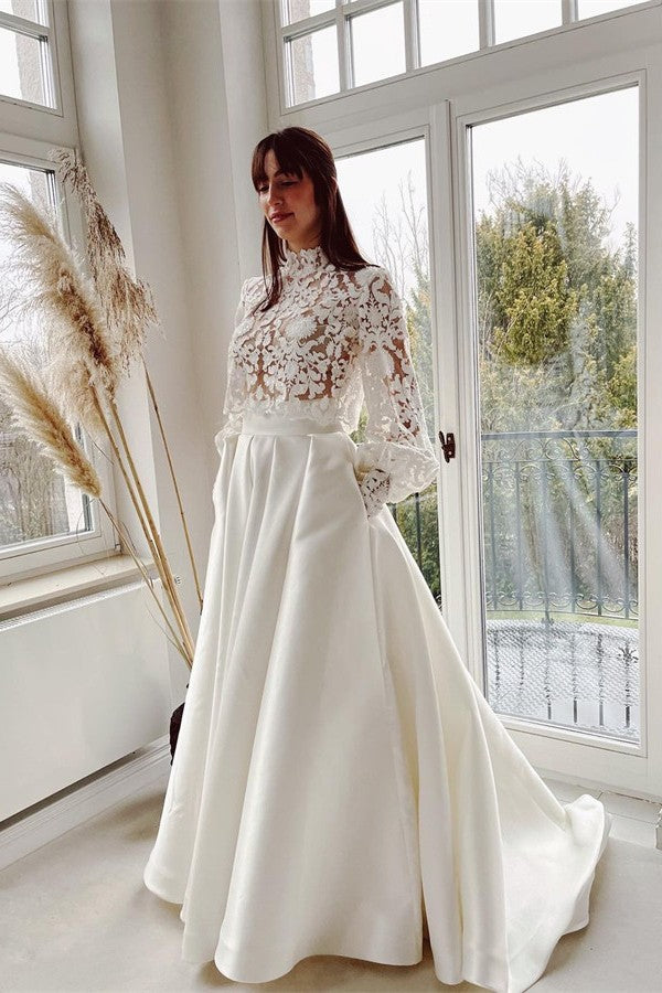 Elegant Two Piece High-neck Lace Long Sleeves Wedding Dresses with Pockets