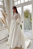 Elegant Two Piece High-neck Lace Long Sleeves Wedding Dresses with Pockets