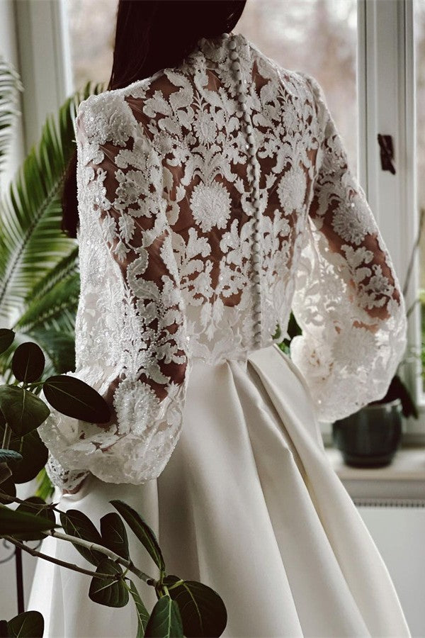 Elegant Two Piece High-neck Lace Long Sleeves Wedding Dresses with Pockets