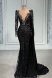 Elegant Mermaid V-neck Tulle Lace Appliques Beading Long Prom Dress with Sleeves