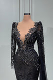 Elegant Mermaid V-neck Tulle Lace Appliques Beading Long Prom Dress with Sleeves