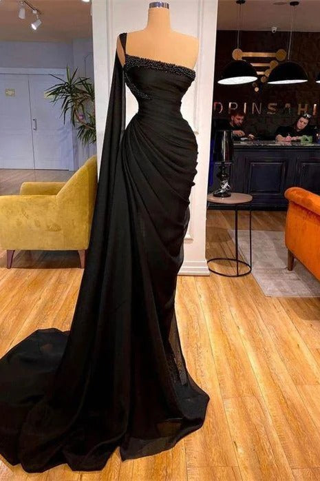 Elegant Black Mermaid One Shoulder Tulle Long Beading Prom Dresses