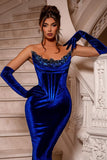 Elegant Royal Blue Mermaid Strapless Velvet Long Beading Prom Dress With gloves