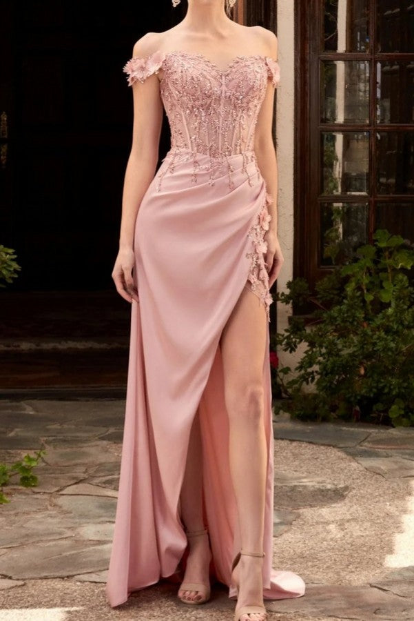 Elegant Mermaid Off-the-Shoulder Satin Long Front Slit Prom Dress with Appliques