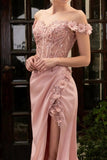 Elegant Mermaid Off-the-Shoulder Satin Long Front Slit Prom Dress with Appliques