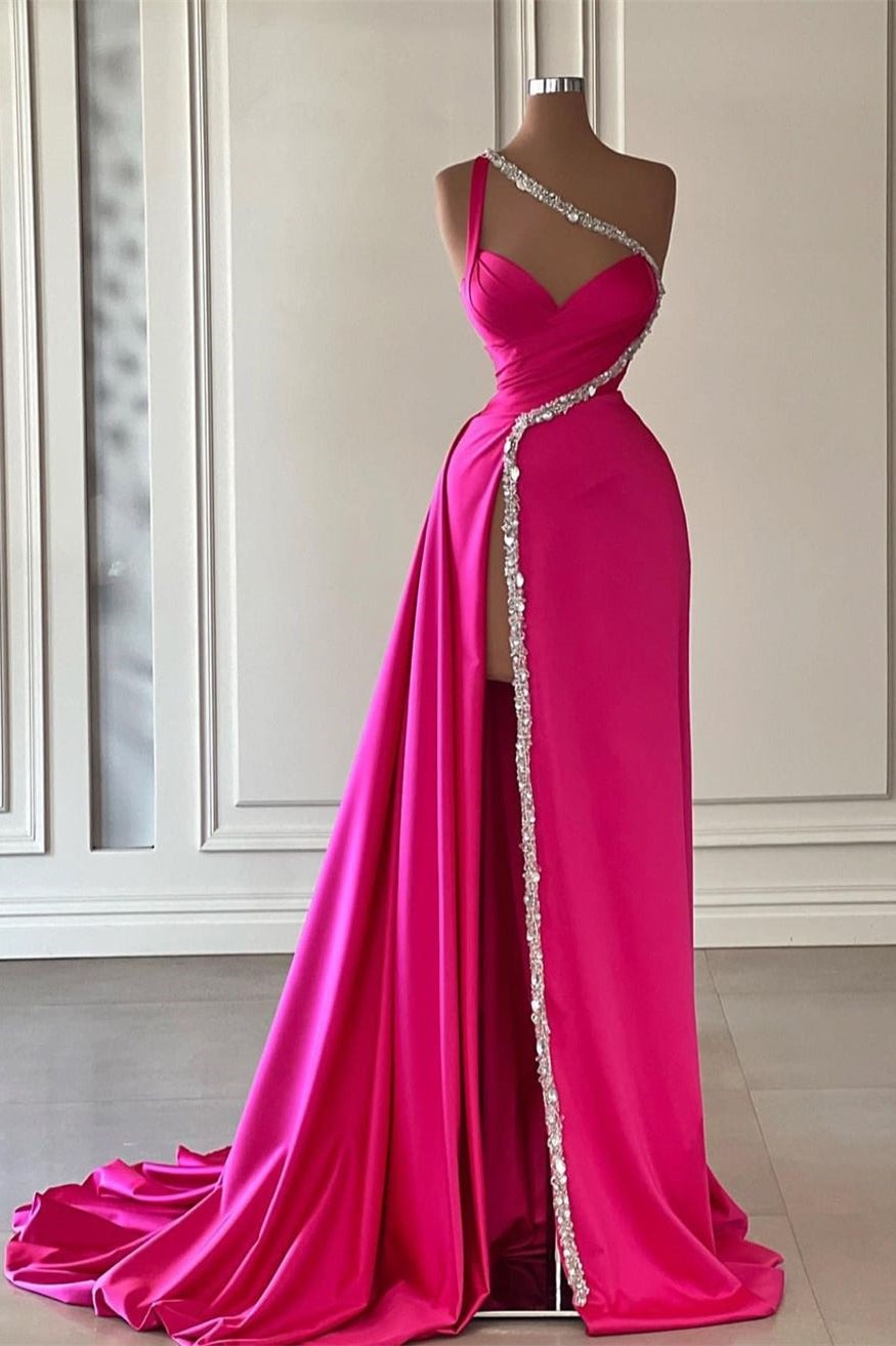 Elegant Long A-line One Shoulder Sweetheart Satin Beading Prom Dresses with Slit