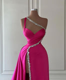 Elegant Long A-line One Shoulder Sweetheart Satin Beading Prom Dresses with Slit