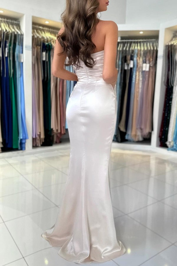 Elegant Mermaid Sweetheart Satin Open Back Long Pleats Prom Dresses with Slit