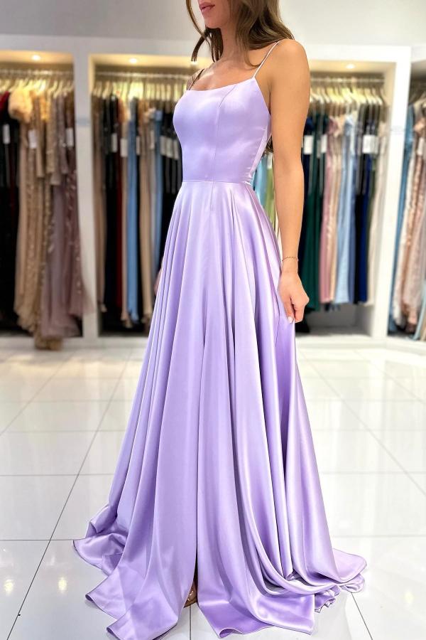 Elegant Lilac A-line Bateau Spaghetti Straps Satin Lace Up Long Prom Dresses