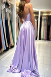 Elegant Lilac A-line Bateau Spaghetti Straps Satin Lace Up Long Prom Dresses