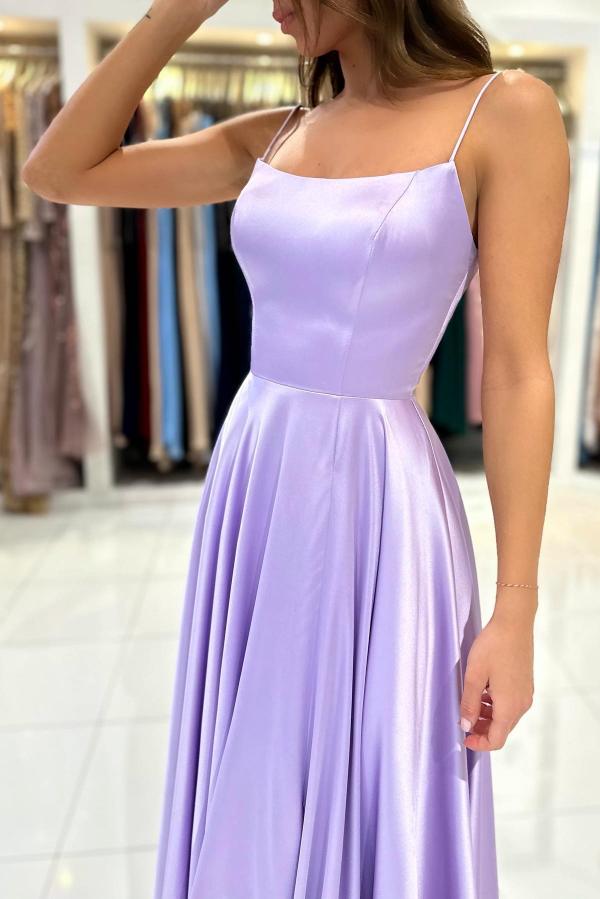 Elegant Lilac A-line Bateau Spaghetti Straps Satin Lace Up Long Prom Dresses