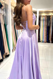 Elegant Lilac A-line Bateau Spaghetti Straps Satin Lace Up Long Prom Dresses