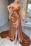 Elegant Long A-line Sweetheart Satin Sleeveless Prom Dresses With Slit