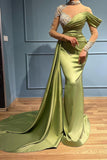 Elegant Mermaid High Neck Sweetheart Satin Lace Long Prom Dresses with Sleeves