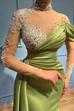 Elegant Mermaid High Neck Sweetheart Satin Lace Long Prom Dresses with Sleeves