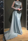Mermaid Jewel Satin Appliques Lace Long Beading Prom Dress with Sleeves