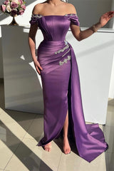 Elegant Mermaid Off-the-Shoulder Satin Long Beading Prom Dress with slit