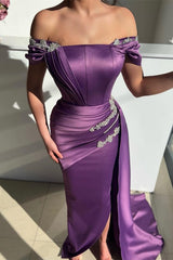 Elegant Mermaid Off-the-Shoulder Satin Long Beading Prom Dress with slit