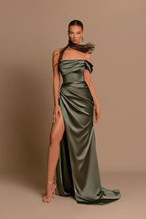 Elegant Mermaid One Shoulder Sleeveless Satin Long Prom Dresses with Slit