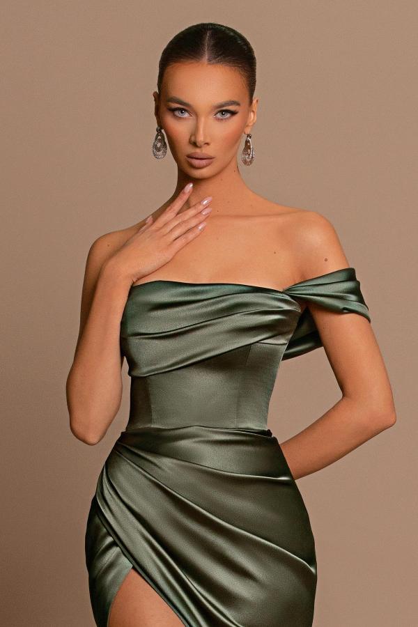 Elegant Mermaid One Shoulder Sleeveless Satin Long Prom Dresses with Slit