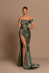 Elegant Mermaid One Shoulder Sleeveless Satin Long Prom Dresses with Slit