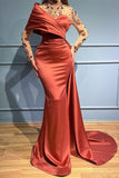 Elegant Mermaid One Shoulder Satin Ruffles Long Beading Prom Dress with Sleeves