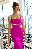 Elegant Mermaid Spaghetti Straps Satin Open Back Long Beading Prom Dress