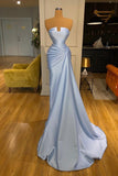 Elegant Mermaid Strapless Satin Sleeveless Long Prom Dresses with Pleats