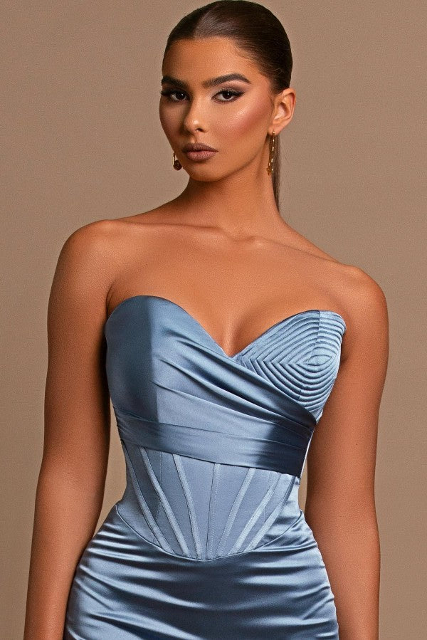 Elegant Column Sweetheart Satin Sleeveless Long Prom Dresses with Ruffles