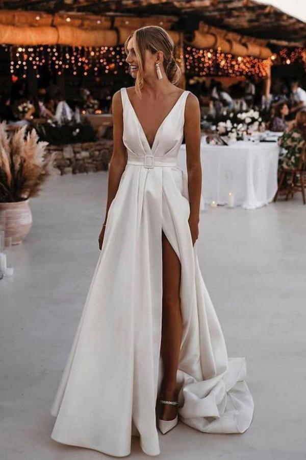 Simple A-Line V-neck Satin Open Back Long Wedding Dresses with Split