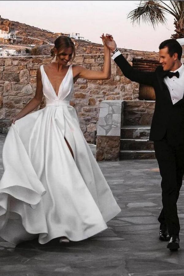 Simple A-Line V-neck Satin Open Back Long Wedding Dresses with Split