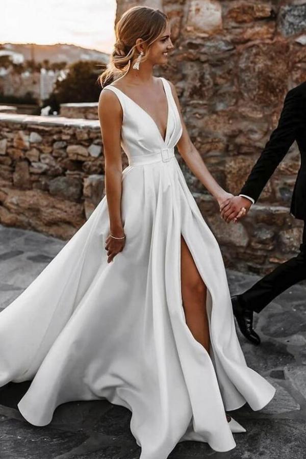 Simple A-Line V-neck Satin Open Back Long Wedding Dresses with Split