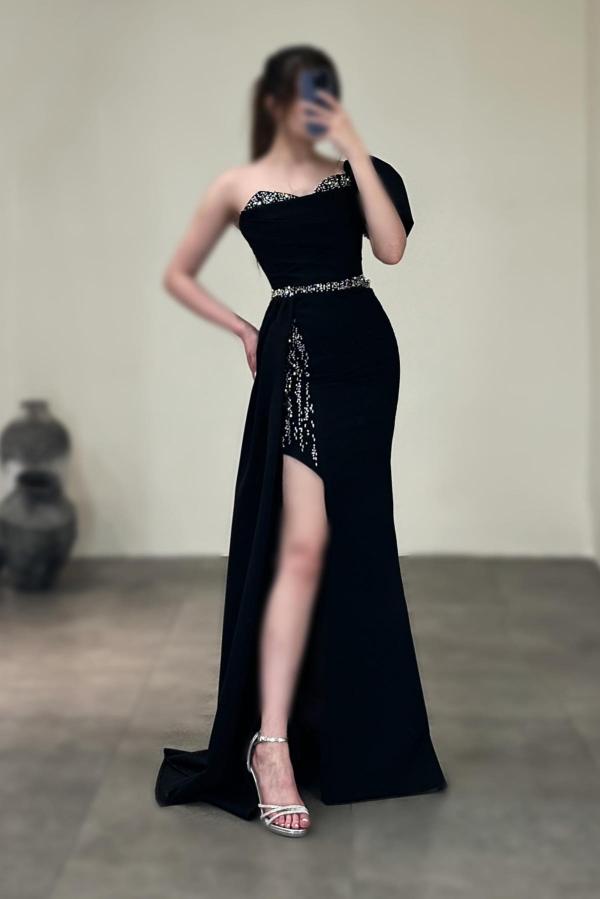 Elegant Sheath Sleeveless One Shoulder Side Split Prom Dresses with Sweep Train