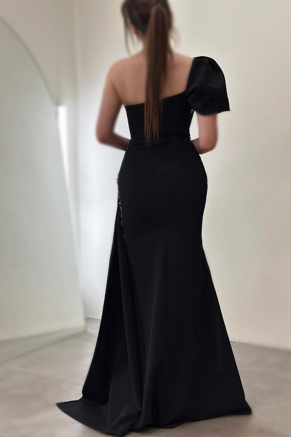 Elegant Sheath Sleeveless One Shoulder Side Split Prom Dresses with Sweep Train