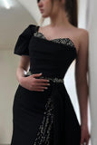 Elegant Sheath Sleeveless One Shoulder Side Split Prom Dresses with Sweep Train