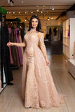 Sheath Tulle Long Sleeve Crew Applique Prom Dresses with Tulle Court Train