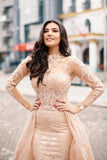 Sheath Tulle Long Sleeve Crew Applique Prom Dresses with Tulle Court Train