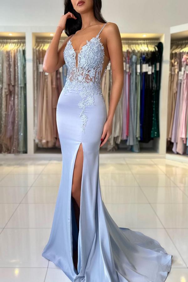 Mermaid V-Neck Sleeveless Spaghetti Court Train Side Split Applique Prom Dresses