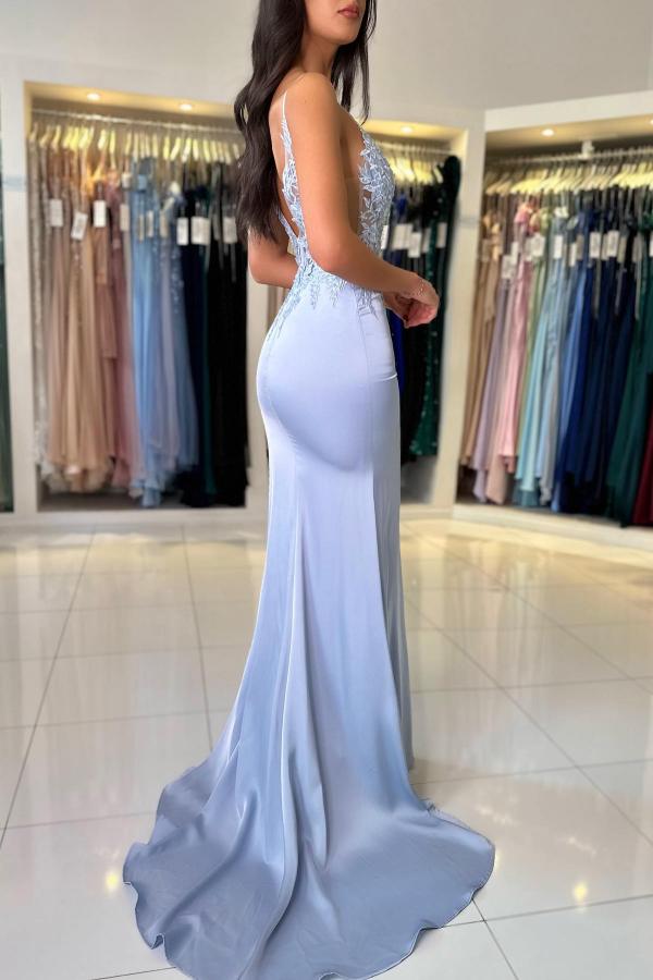 Mermaid V-Neck Sleeveless Spaghetti Court Train Side Split Applique Prom Dresses