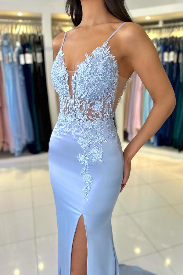 Mermaid V-Neck Sleeveless Spaghetti Court Train Side Split Applique Prom Dresses