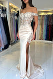 Sheath Sleeveless Strapless Open Back Split Prom Dresses with Lace Applique