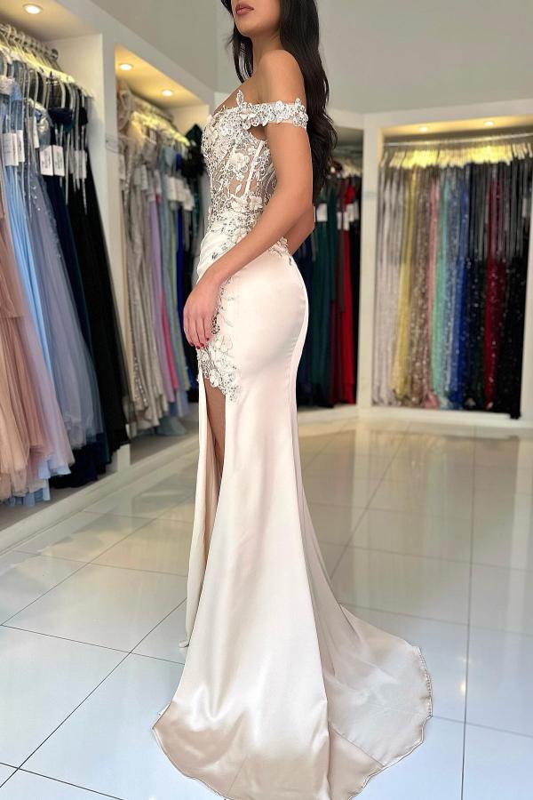 Sheath Sleeveless Strapless Open Back Split Prom Dresses with Lace Applique