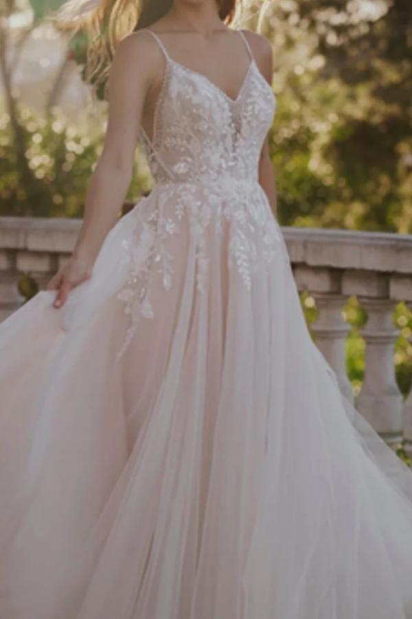 A-Line Sleeveless Spaghetti Tulle Wedding Dresses with Sweep Train Beaded