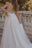 A-Line Sleeveless Spaghetti Tulle Wedding Dresses with Sweep Train Beaded